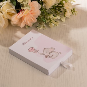 Scatola,Scatolina Porta confetti per nascita o Battesimo per bambina, elefantino, cuore, personalizzato, maggiori info in descrizione