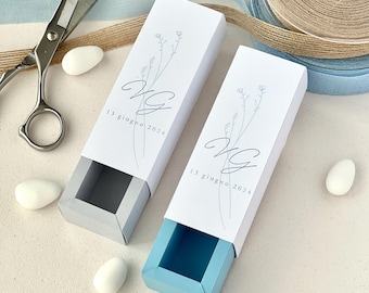 Caixa minimalista e elegante – Interior azul claro ou cinza claro – Personalizada para casamentos e eventos – Lembrancinha de casamento