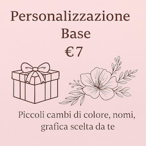 May include: A graphic with the text "Personalization Base" and a price of €7. It features line drawings of a gift box with a bow and a flower with leaves. The text below reads "Small color changes, names, graphics chosen by you."