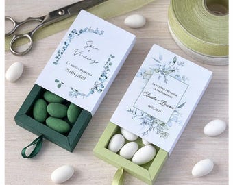 Caja de regalo con cajón – Diseño verde (verde salvia o verde bosque) – Personalizada con nombres y fecha – Recuerdo de promesa