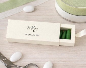 Caixa para confetes 10x3x3 cm – Papelão martelado cor marfim – Personalizada na frente e no verso – Lembrancinha elegante para casamento