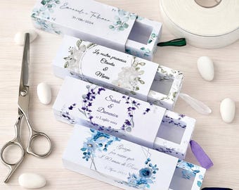 Caixa de confete de palitos de fósforo personalizada – 4 designs florais – Lembrancinha de casamento/noivado – Fita de cetim – Caixa personalizada