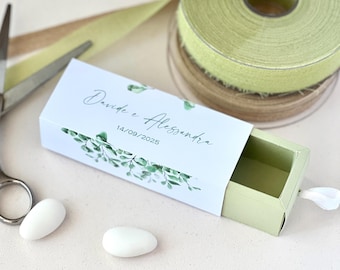 Caja de boda verde salvia – 10×3×3 cm, interior de cartón reciclado verde salvia | Personalizada | Recuerdo personalizado