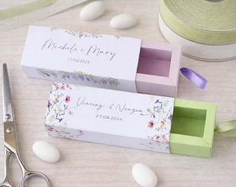 Caixa de confete personalizada – 2 designs florais – Lembrancinha para casamento/noivado/evento – Caixa personalizada com fita