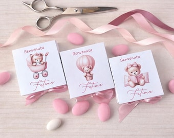 Caixas de lembrancinhas para bebês meninas | Lembrancinhas rosa com laço e ursinho de pelúcia | Caixa de lembrancinhas para bebês meninas feita à mão na Itália