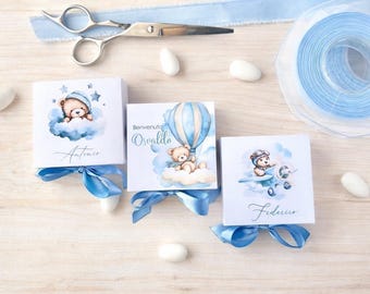 Caixas de lembrancinhas em formato de ursinho azul | Lembrancinhas personalizadas para chá de bebê ou batizado | Caixas de lembrancinhas feitas à mão na Itália