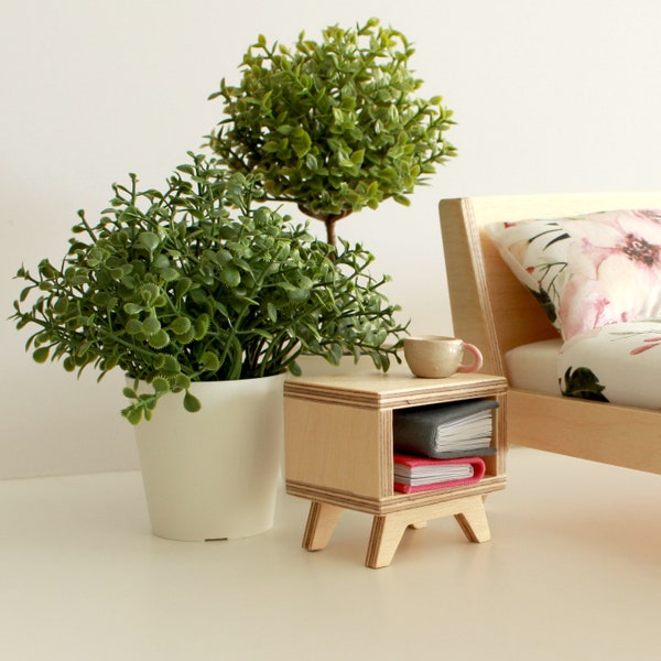 Modern bedside table for dolls 1:6 scale, miniature bedside cabinet with angled legs , contemporary dollhouse furniture