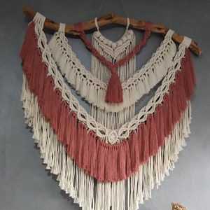 Large macrame wall hanging, white and coral macrame wall art, modern macrame, nature lover decoration, mediterranean eco-friendly decoration