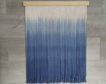 Large blue macrame ombre wall hanging, gradient wall art, blue wall art modern coastal, beach house wall decor, dip dyed teal tapestry