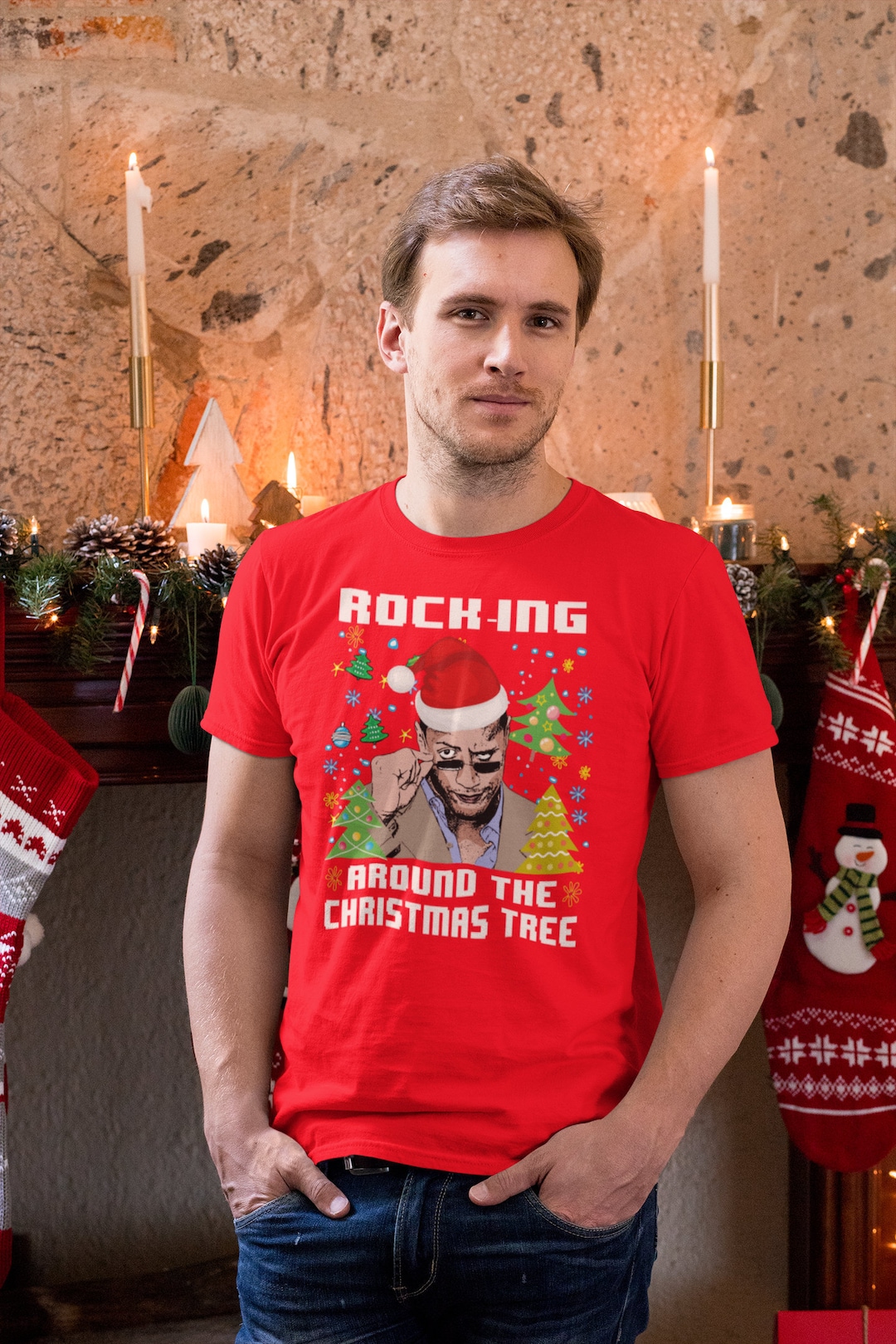 Rock-ing Around the Christmas Tree, Ugly Christmas Crew Neck T-shirt ...