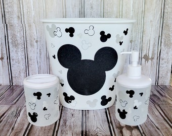 Bathroom-soap dispenser-wastebasket-toothbrush holder-mickey mouse-disney-waste can-trash can-mickey bathroom-disney bathroom-bathroom set