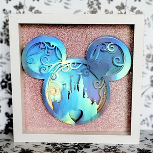 Mickey picture-framed-holographic-cut paper-shadow box-disney inspired-layered-wood frames mandala-Princess castle-Mickey sign-mouse-sign
