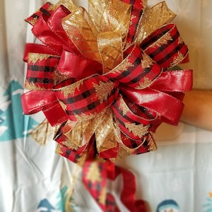 Weihnachtsbaum Schleife-Baumspitze-Büffel karierte Schleife-rote Schleife-Weihnachtsdeko-Christbaumspitze Schleife-XL Schleife für Kranz-Briefkasten-Schleife