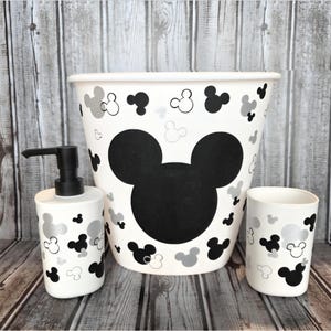 Bathroom-soap dispenser-wastebasket-toothbrush holder-mickey mouse-disney-waste can-trash can-mickey bathroom-disney bathroom-bathroom set