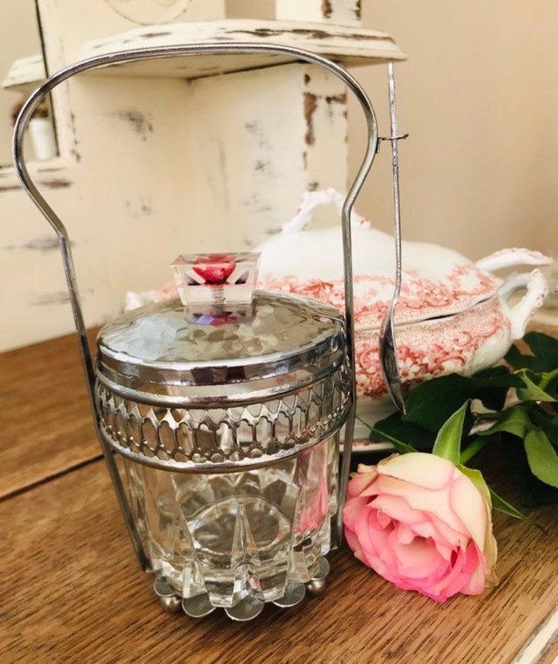 Vintage Chrome And Glass Jam JarPickle Jar With A Pretty Lucite Rose Handle.