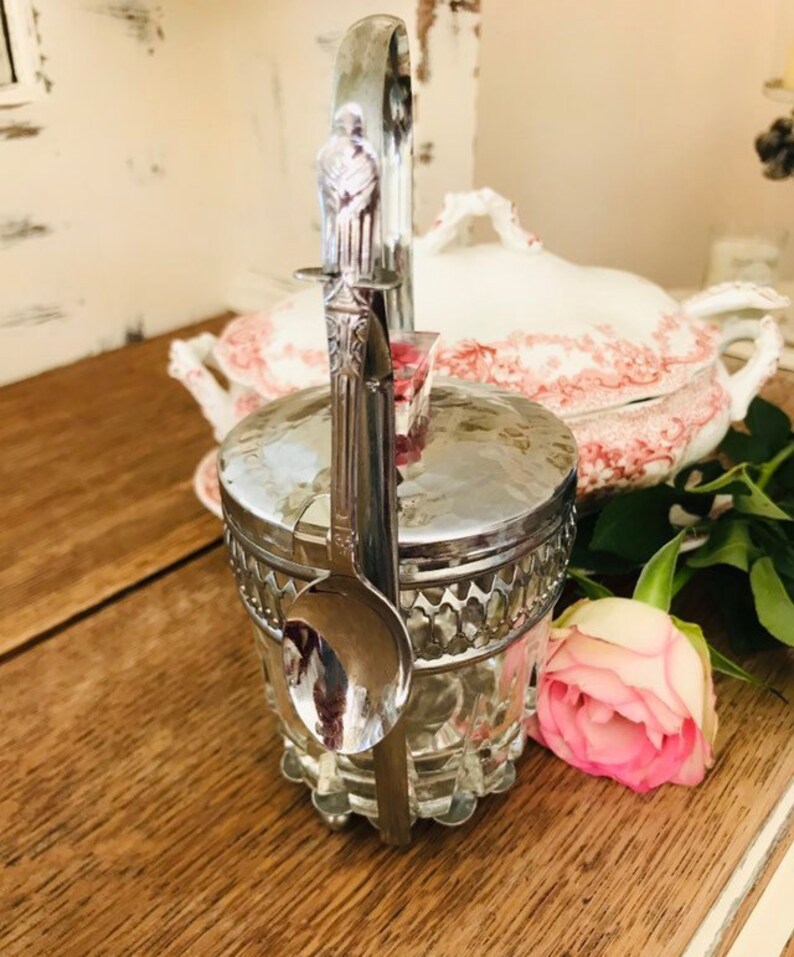 Vintage Chrome And Glass Jam JarPickle Jar With A Pretty Lucite Rose Handle.