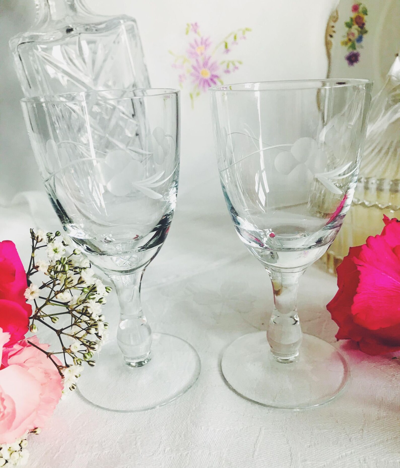 Pair of Vintage Etched Floral Sherry Glasses | Etsy