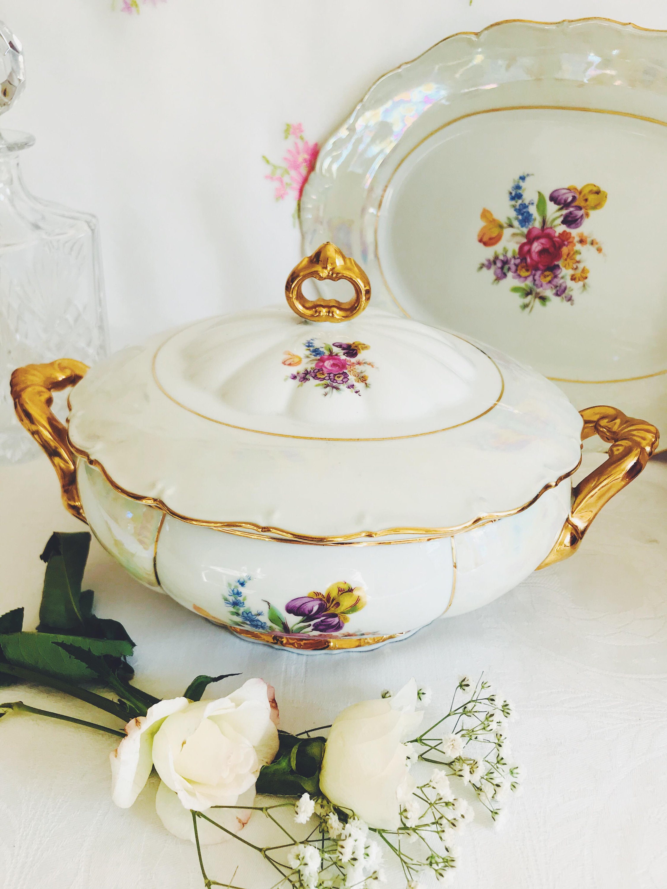 Haas & Czjzek Czechoslovakia Gold Lustre Floral Tureen Etsy