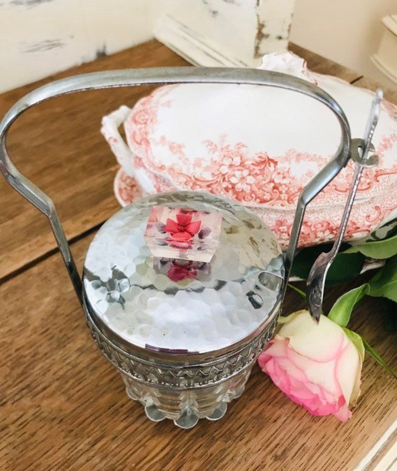 Vintage Chrome And Glass Jam JarPickle Jar With A Pretty Lucite Rose Handle.