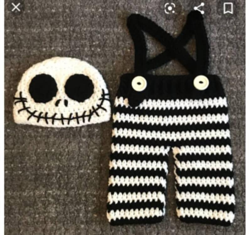Jack Skellington-inspirerad Nightmare Before Christmas-bebiskostym Fotorekvisita Virkad Stickad Babymilstolpe bild 1