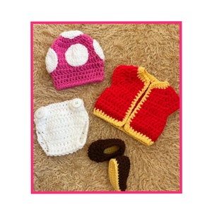 Toadette Baby Costume Super Mario Toadstool Knitted Baby Photoshoot Outfit Crochet Pregnancy Reveal Baby Photo Prop Baby Milestone