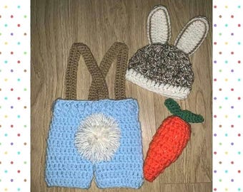 Peter Rabbit Baby Photo Prop Crochet Costume: Bunny Hat, Dungarees, Carrot