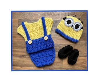 Minion Inspired Knitted Baby Photoshoot Costume Photo Prop Outfit Crochet Knitted Baby Milestone Pregnancy Announcement Cake Smash