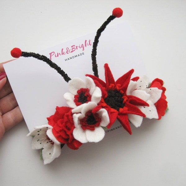 Ladybug Headband Baby Girl First Birthday Headband Bug Antennaes Red Flower Headband Red and White Ladybug Floral Crown 1st Birthday Outfit