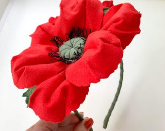Felt Poppy Headpiece, Large Red Millinery Flower Fascinator Fet Poppy Hat