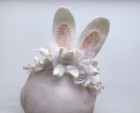 White Bunny Ear Headband: Lace & Felt Flower Crown - Etsy