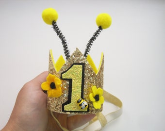 Bumble Bee Birthday Crown: Gold Glitter First Birthday Headband