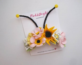 Felt Bee Headband, Floral Antennae Crown - 1st Birthday