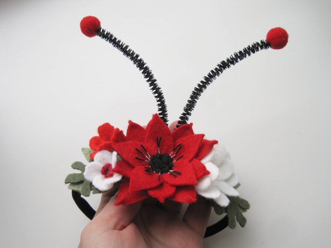 Ladybug Headband with Antennas Red Flower Ladybug Birthday Etsy