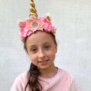 Fancy Gold and Light Pink Unicorn Tiara Headband with Gold Glittered Ears Unicorn Party Headband Kids Girls Gifts for Kids Girls Dress up image 1