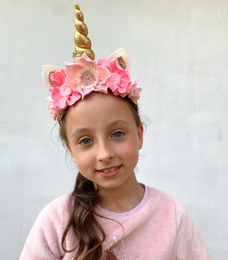 Fancy Gold and Light Pink Unicorn Tiara Headband with Gold Glittered Ears Unicorn Party Headband Kids Girls Gifts for Kids Girls Dress up image 1