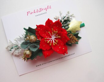 Red Felt Poinsettia Christmas Headband, Holiday Hair Accessory