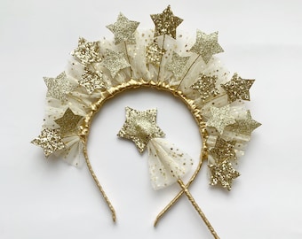 Gold Star Headband with Wand, Handmade Galaxy Headpiece Star Crown