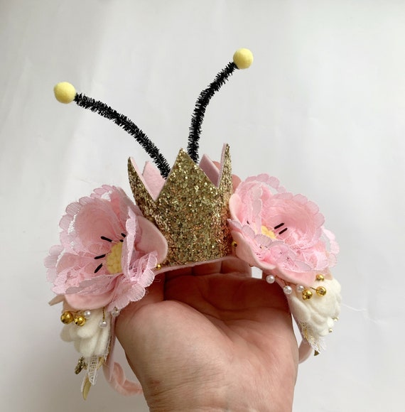 Baby Girl Bee Crown Headband: Gold Glitter, Pink Flowers - Etsy display picture 1