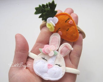 Set of 2 Felt Bunny Headband and Carrot Headband Bunny Ears Headband Bunny Headband Felt Animals Summer Baby Headband Felt Flower Headband