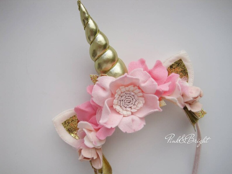 Fancy Gold and Light Pink Unicorn Tiara Headband with Gold Glittered Ears Unicorn Party Headband Kids Girls Gifts for Kids Girls Dress up image 2