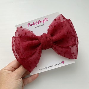 Large Burgundy Hair Bow Clip Oversized Organza Hair Bow Barrette Hair Accessory for Women Bow with Dots Vinous Hair Accessories Fall Bow