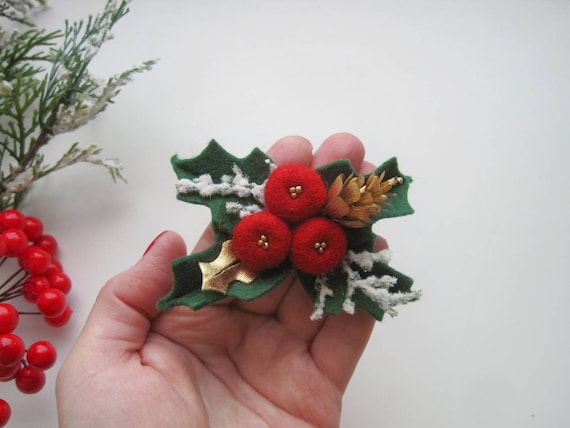 Red Felt Holly Berry Christmas Headband, Gold Leaf Accent