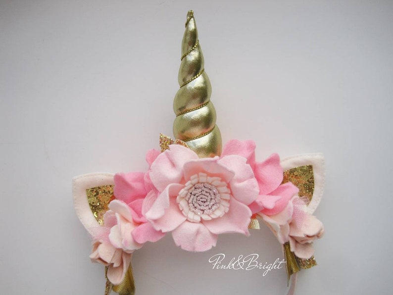 Fancy Gold and Light Pink Unicorn Tiara Headband with Gold Glittered Ears Unicorn Party Headband Kids Girls Gifts for Kids Girls Dress up image 4