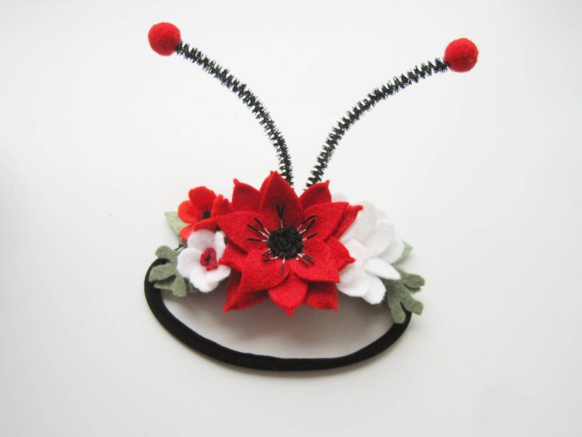 Ladybug Headband with Antennas Red Flower Ladybug Birthday Etsy