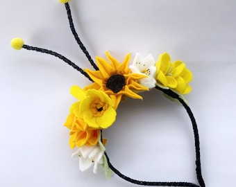 Bumble Bee Headband: Handmade Floral Antennae, Birthday Outfit