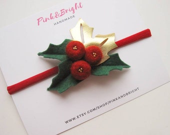 Holly Berry Baby Headband: Red & Gold Christmas Holiday Headband