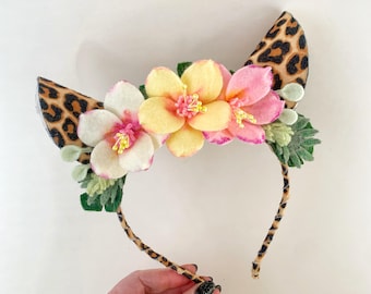 Leopard Ear Headband with Tropical Flowers Safari Animal Headpiece Jungle Woodland Birthday Costume Accessory