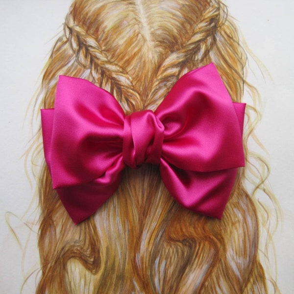 Hot Pink Hair Bow Large Satin Hair Bow for Women Bubble Gum Bow Adult Pink Hair Bow Girls Fuschia Hair Bow Pink Bow Clip Satin Bow Barrette