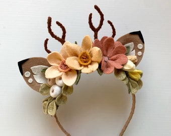 Fawn Ears Flower Crown Headband Deer Antler Floral Crown Woodland Theme Birthday Party Headpiece Forest Birthday Wild Animal Headband