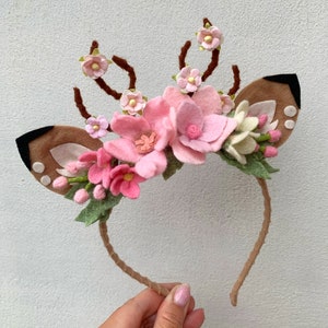 Fawn Ears Flower Crown Headband with Pink Flowers Deer Antler Floral Crown Woodland Party Crown Forest Birthday Headpiece Wild Animal